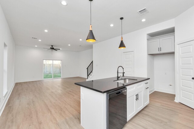 2213 Lee St, Houston, TX 77026 - kitchen featuring dishwasher, dark countertops, a ceiling fan, light wood finished floors, and recessed lighting