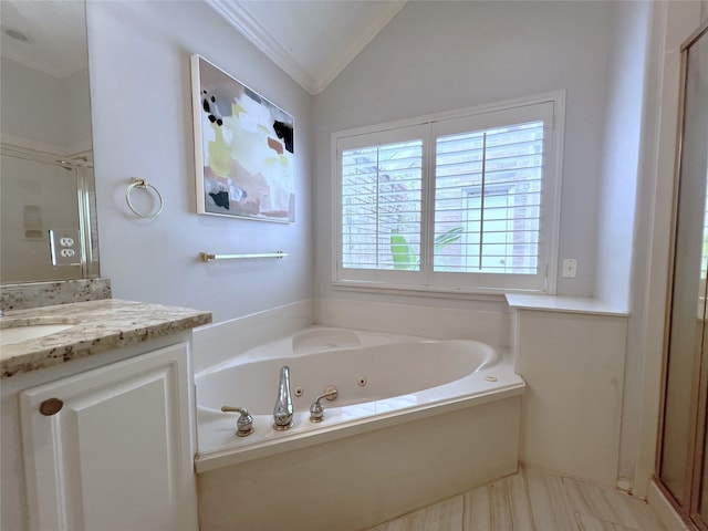 1150 Sienna Hill Dr, Houston, TX 77077 - bathroom featuring lofted ceiling, a jetted tub, crown molding, vanity, and a shower with door