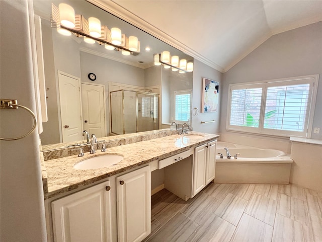 1150 Sienna Hill Dr, Houston, TX 77077 - bathroom with crown molding, a stall shower, double vanity, a bath, and vaulted ceiling