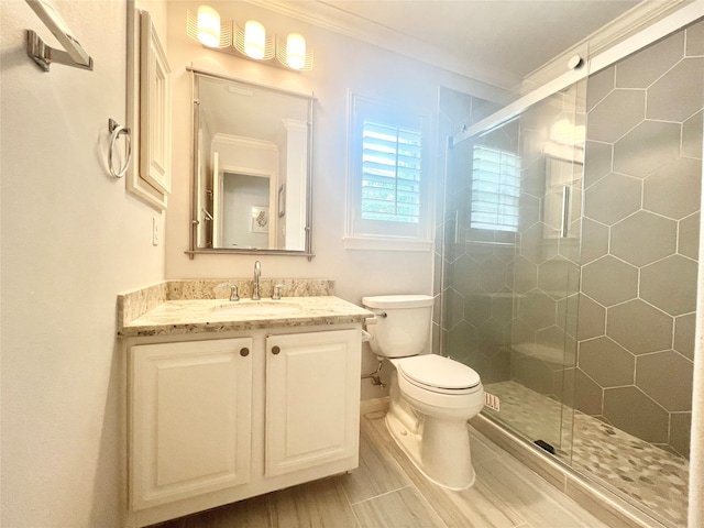 1150 Sienna Hill Dr, Houston, TX 77077 - full bathroom featuring vanity, a stall shower, and crown molding