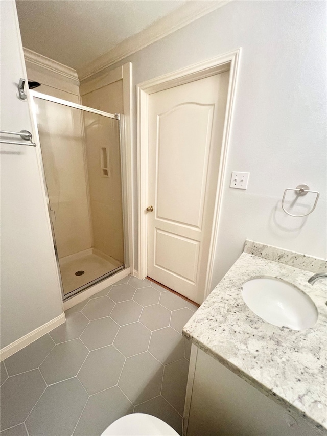 1150 Sienna Hill Dr, Houston, TX 77077 - full bathroom with crown molding, a stall shower, vanity, and tile patterned floors