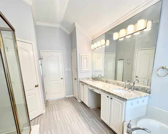 1150 Sienna Hill Dr, Houston, TX 77077 - full bathroom featuring crown molding, lofted ceiling, double vanity, a bath, and a shower with door