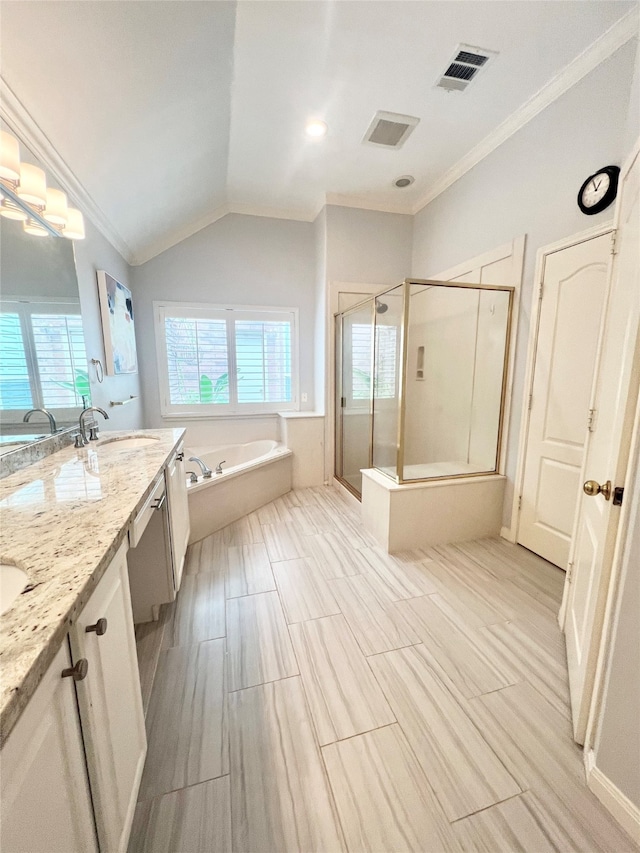 1150 Sienna Hill Dr, Houston, TX 77077 - full bathroom featuring a bath, a shower stall, double vanity, ornamental molding, and lofted ceiling