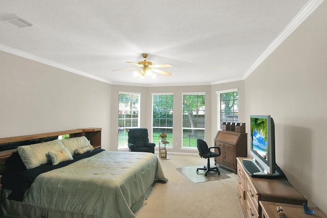 603 Forest Bend Ln, Friendswood, TX 77546 - bedroom with light colored carpet, crown molding, and a ceiling fan