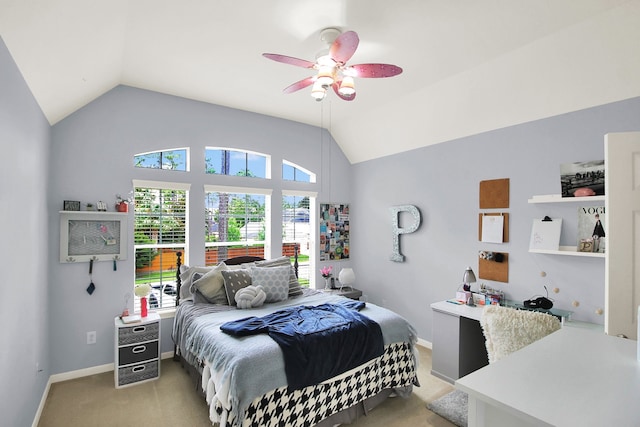 603 Forest Bend Ln, Friendswood, TX 77546 - bedroom with lofted ceiling, light colored carpet, and ceiling fan
