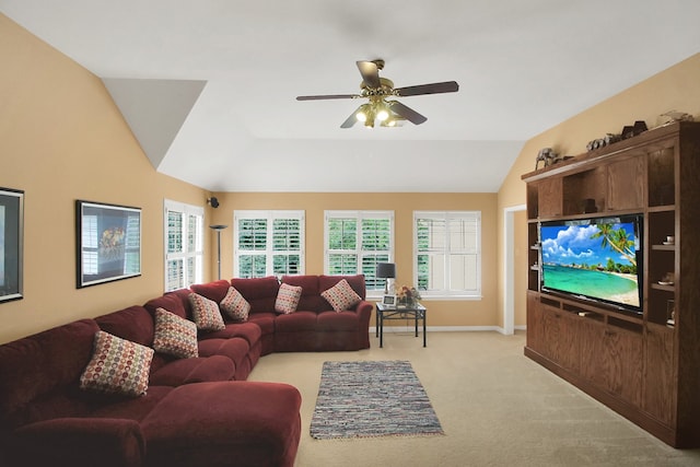 603 Forest Bend Ln, Friendswood, TX 77546 - living room with vaulted ceiling, light colored carpet, plenty of natural light, and ceiling fan