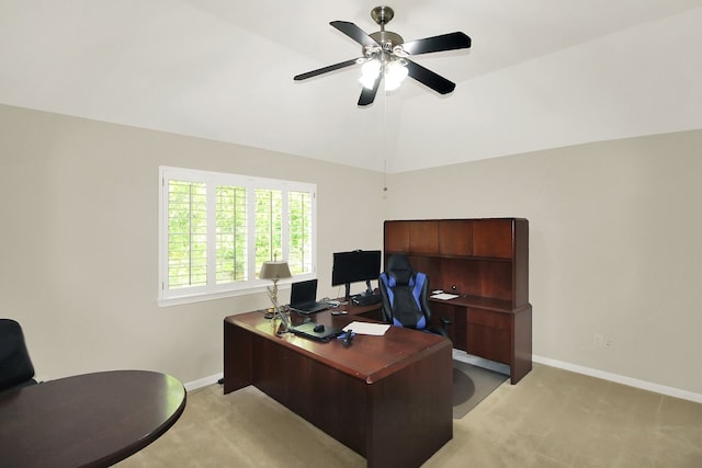 603 Forest Bend Ln, Friendswood, TX 77546 - office area featuring light colored carpet, ceiling fan, and lofted ceiling