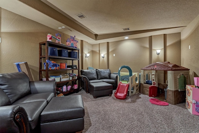 9714 Luna Springs Ln, Cypress, TX 77433 - carpeted living area with a textured wall and a textured ceiling