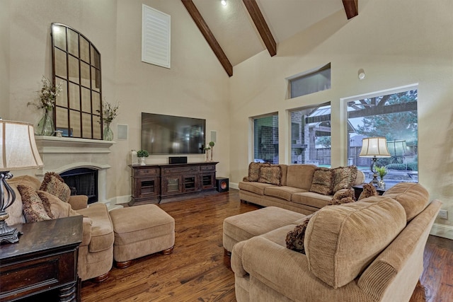 9714 Luna Springs Ln, Cypress, TX 77433 - living area with high vaulted ceiling, beamed ceiling, wood finished floors, and a fireplace