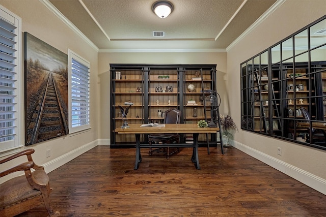 9714 Luna Springs Ln, Cypress, TX 77433 - office with a textured ceiling, wood finished floors, and crown molding