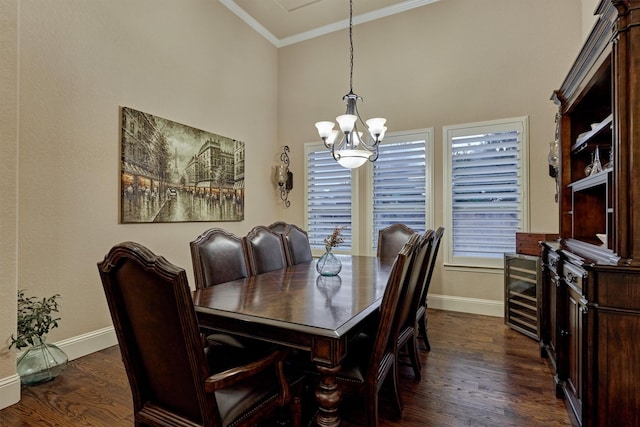9714 Luna Springs Ln, Cypress, TX 77433 - dining room featuring a chandelier, dark wood finished floors, crown molding, wine cooler, and a high ceiling