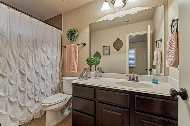 9714 Luna Springs Ln, Cypress, TX 77433 - bathroom featuring a textured wall, vanity, tile patterned flooring, and a shower with shower curtain