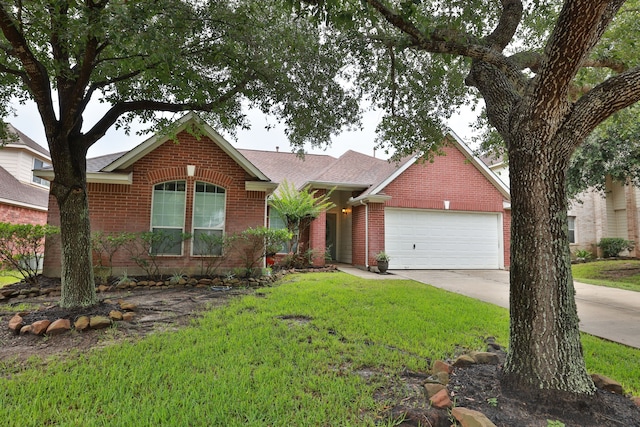 30515 Red Bluff Cir, Magnolia, TX 77355 - ranch-style house featuring brick siding, a garage, driveway, a front lawn, and a shingled roof