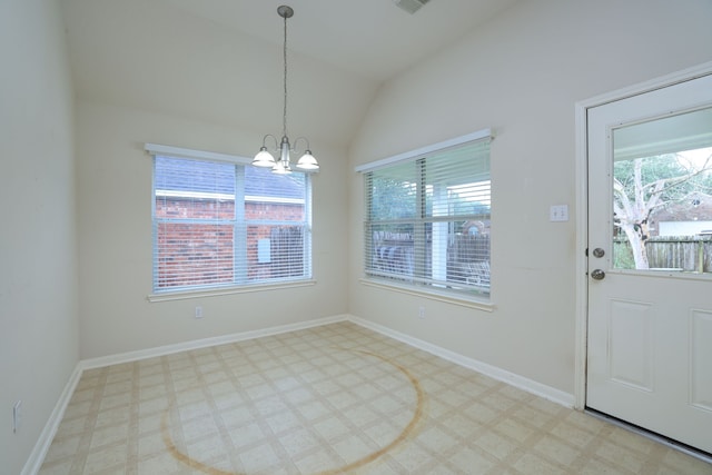 30515 Red Bluff Cir, Magnolia, TX 77355 - unfurnished dining area featuring a chandelier, plenty of natural light, lofted ceiling, and tile patterned floors