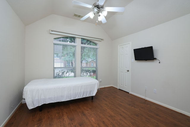 30515 Red Bluff Cir, Magnolia, TX 77355 - bedroom with vaulted ceiling, wood finished floors, and a ceiling fan