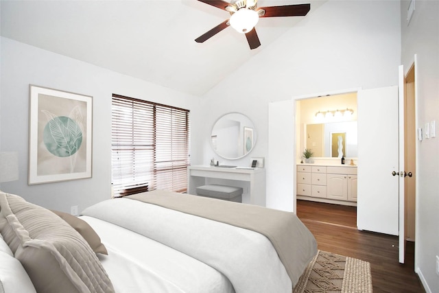 9400 Doliver Dr Unit 70, Houston, TX 77063 - bedroom featuring dark wood-style flooring, high vaulted ceiling, ensuite bathroom, and a ceiling fan