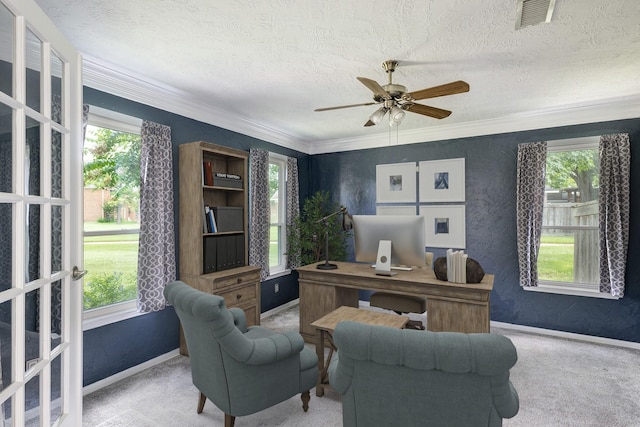 15434 Redbud Leaf Ln, Cypress, TX 77433 - office area with ceiling fan, carpet, a textured ceiling, and ornamental molding