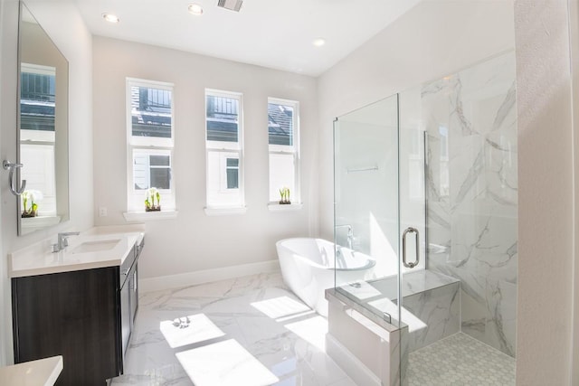 612 Delmar, Houston, TX 77023 - bathroom with vanity, a marble finish shower, a soaking tub, recessed lighting, and marble finish floors