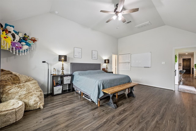 15603 Beltie Dr, Humble, TX 77346 - bedroom with lofted ceiling, dark wood-style flooring, and a ceiling fan