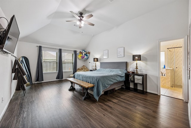 15603 Beltie Dr, Humble, TX 77346 - bedroom featuring wood finished floors, lofted ceiling, a ceiling fan, and connected bathroom
