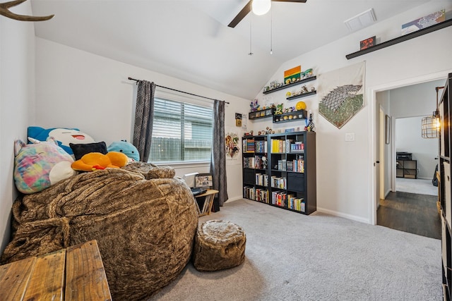 15603 Beltie Dr, Humble, TX 77346 - carpeted bedroom with lofted ceiling and a ceiling fan