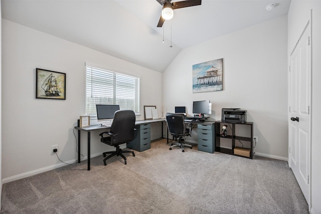 15603 Beltie Dr, Humble, TX 77346 - office area with carpet, a ceiling fan, and vaulted ceiling