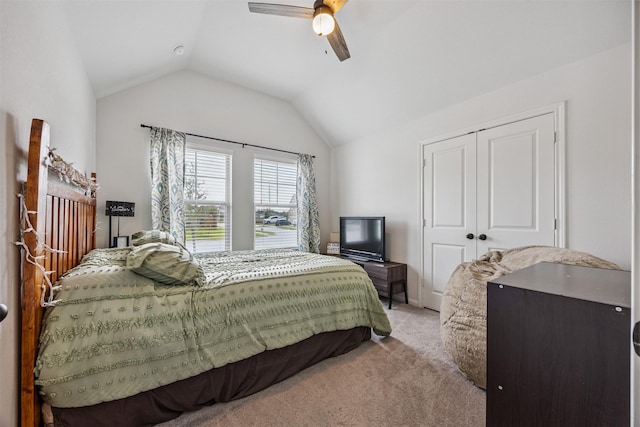 15603 Beltie Dr, Humble, TX 77346 - bedroom featuring lofted ceiling, light colored carpet, a closet, and ceiling fan