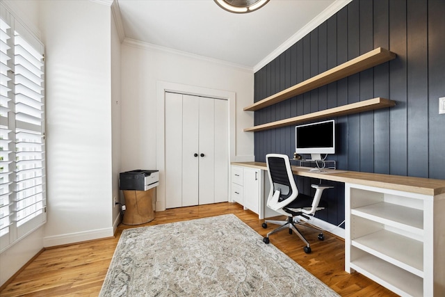 5220 Hazard St, Houston, TX 77098 - office featuring built in study area, ornamental molding, and light wood-style flooring