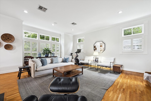 5220 Hazard St, Houston, TX 77098 - living room with crown molding, wood finished floors, and recessed lighting
