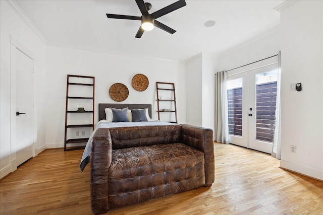 5220 Hazard St, Houston, TX 77098 - bedroom featuring access to exterior, ornamental molding, french doors, light wood-style floors, and ceiling fan