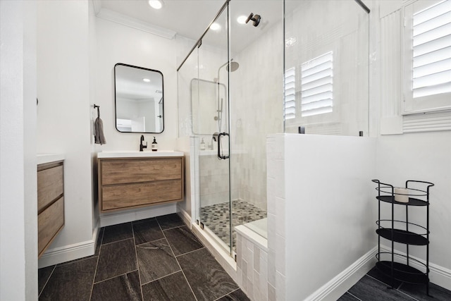 5220 Hazard St, Houston, TX 77098 - full bath with vanity, a shower stall, crown molding, plenty of natural light, and recessed lighting