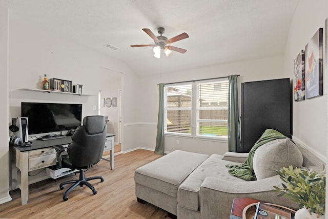 15010 Sunset Villa Ct, Humble, TX 77396 - office area featuring ceiling fan, light wood-style flooring, and vaulted ceiling