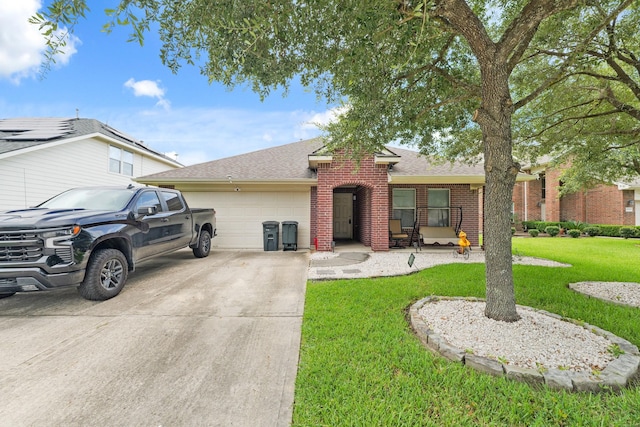 15010 Sunset Villa Ct, Humble, TX 77396 - view of front of home with a garage, concrete driveway, brick siding, a front lawn, and a shingled roof