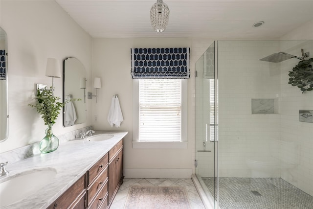 108 E 27th St, Houston, TX 77008 - full bath with double vanity, a shower stall, and tile patterned floors