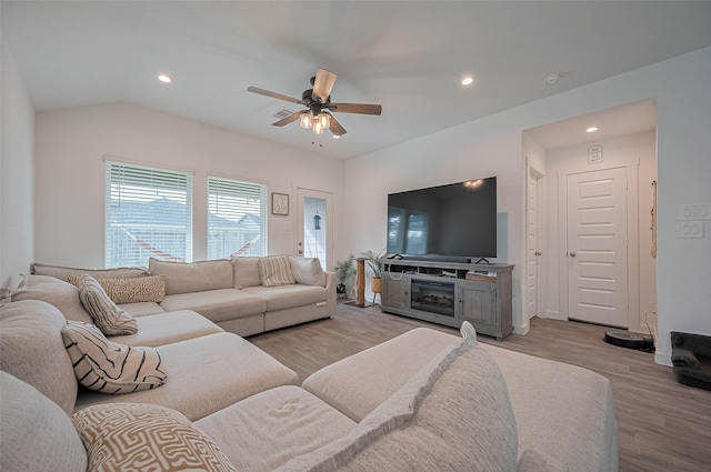 3918 Beltingham Bend Way, Fulshear, TX 77441 - living room with recessed lighting, a ceiling fan, light wood finished floors, and lofted ceiling