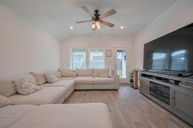 3918 Beltingham Bend Way, Fulshear, TX 77441 - living room featuring light wood-type flooring, a ceiling fan, vaulted ceiling, and recessed lighting