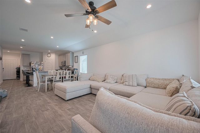 3918 Beltingham Bend Way, Fulshear, TX 77441 - living room with ceiling fan, light wood-style floors, and recessed lighting