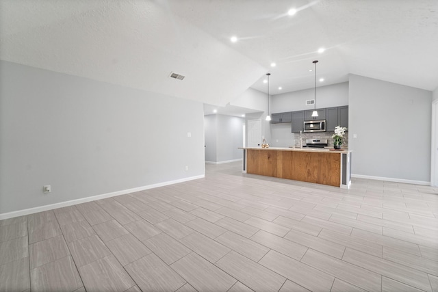 16310 Mulberry Run Ct, Sugar Land, TX 77498 - unfurnished living room featuring baseboards and high vaulted ceiling