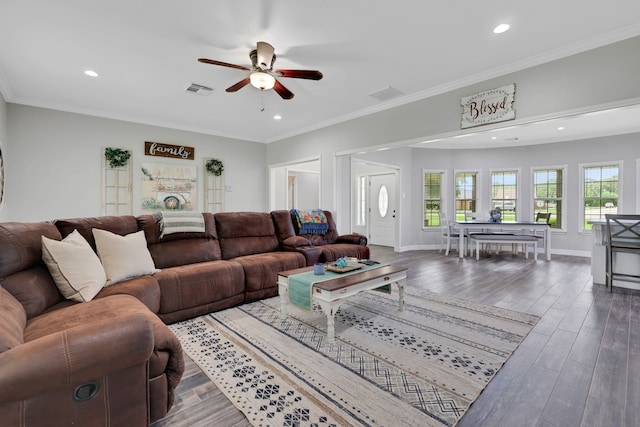 6202 Oleander Dr, Baytown, TX 77523 - living room with a ceiling fan, recessed lighting, wood finished floors, and ornamental molding