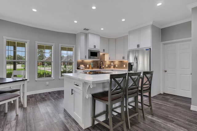 6202 Oleander Dr, Baytown, TX 77523 - kitchen featuring stainless steel appliances, backsplash, plenty of natural light, dark wood finished floors, and recessed lighting