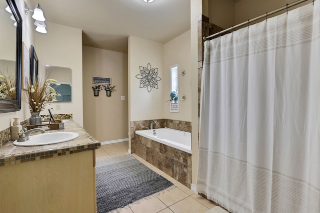 6202 Oleander Dr, Baytown, TX 77523 - full bath with tile patterned flooring, tiled bath, double vanity, and a shower with shower curtain
