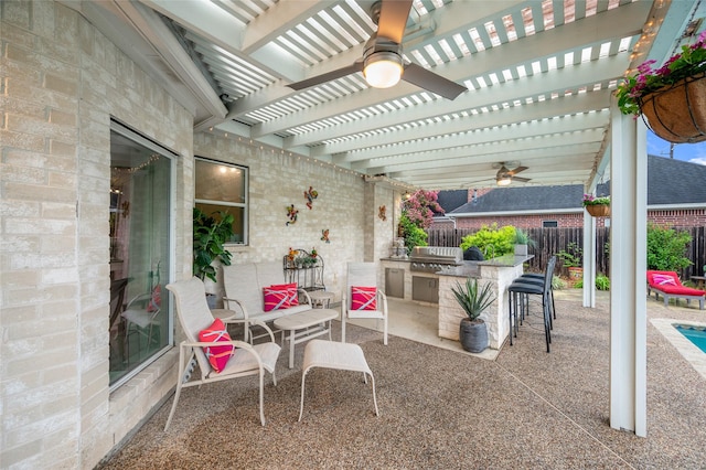 21215 Kelliwood Greens Dr, Katy, TX 77450 - view of patio with a ceiling fan, a pergola, and exterior kitchen
