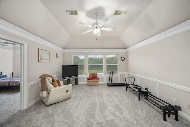 21215 Kelliwood Greens Dr, Katy, TX 77450 - sitting room with ceiling fan, carpet, vaulted ceiling, and crown molding