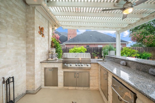 21215 Kelliwood Greens Dr, Katy, TX 77450 - fenced backyard with a pergola, a ceiling fan, and an outdoor kitchen