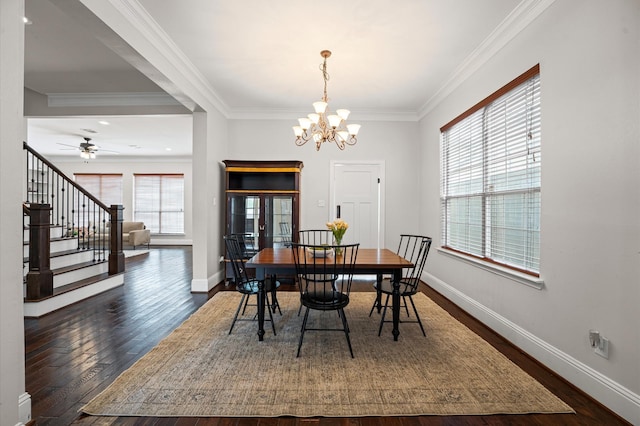 4303 Jonathan St, Bellaire, TX 77401 - dining space with crown molding, dark wood-style flooring, stairs, a chandelier, and a ceiling fan