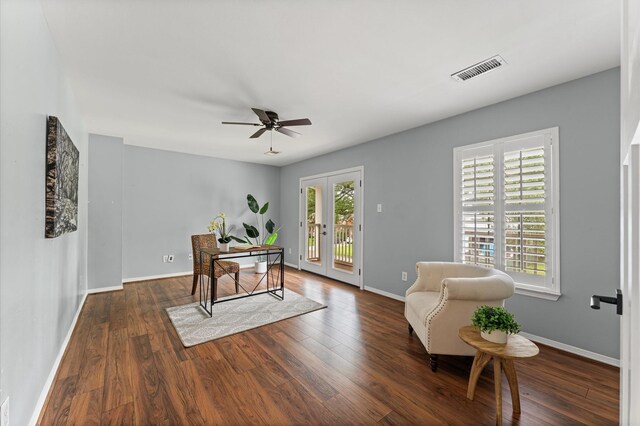 4303 Jonathan St, Bellaire, TX 77401 - office area with wood finished floors, ceiling fan, and french doors