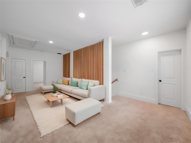 28111 Harper Creek Ln, Katy, TX 77494 - living room featuring attic access, carpet, and recessed lighting