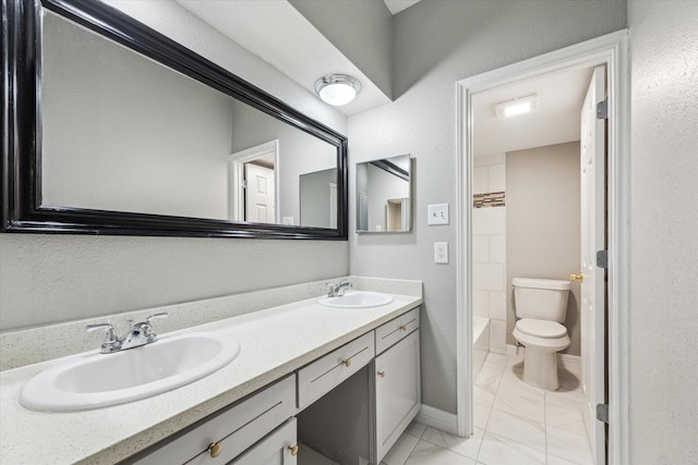2100 Tanglewilde St Unit 360, Houston, TX 77063 - full bathroom with double vanity, marble finish floors, shower / washtub combination, and a textured wall
