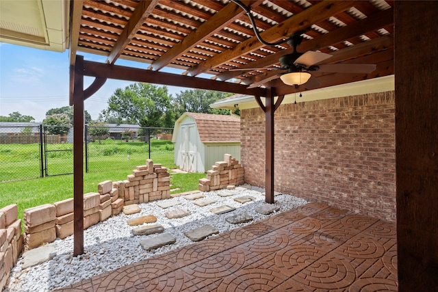 3808 Montego Dr, Baytown, TX 77521 - view of patio / terrace featuring ceiling fan, a shed, and a pergola