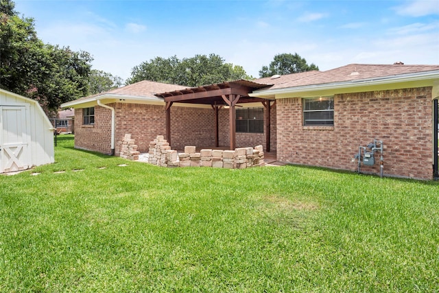 3808 Montego Dr, Baytown, TX 77521 - back of house featuring a pergola, a shed, a yard, brick siding, and a shingled roof